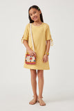 GY5944 MUSTARD Girls Tie Sleeve Striped Dress Full Body