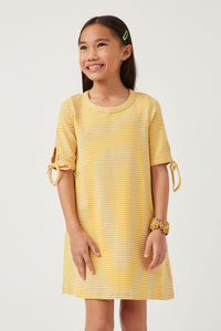 GY5944 MUSTARD Girls Tie Sleeve Striped Dress Front