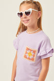 GY5947 LAVENDER Girls Crochet Patch French Terry Ruffle Sleeve Top Side