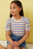 GY5957 LAVENDER MIX Girls Multi Color Stripe Ribbed Knit Puff Shoulder Top Front