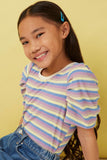 GY5957 LAVENDER MIX Girls Multi Color Stripe Ribbed Knit Puff Shoulder Top Side