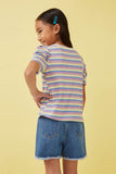 GY5957 LAVENDER MIX Girls Multi Color Stripe Ribbed Knit Puff Shoulder Top Back