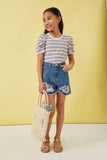 GY5957 LAVENDER MIX Girls Multi Color Stripe Ribbed Knit Puff Shoulder Top Full Body