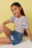 GY5957 LAVENDER MIX Girls Multi Color Stripe Ribbed Knit Puff Shoulder Top Pose