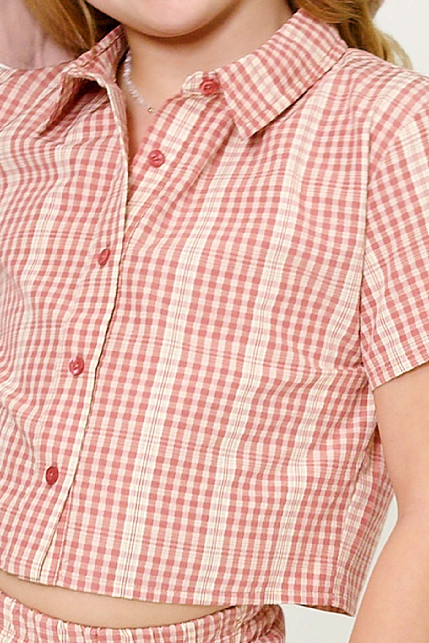 Textured Gingham Cropped Collared Button Up Shirt