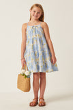 GY5966 BLUE MIX Girls Front Tie Textured Floral Tiered Tank Dress Full Body