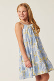 GY5966 BLUE MIX Girls Front Tie Textured Floral Tiered Tank Dress Side