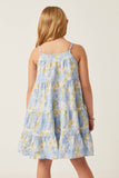 GY5966 BLUE MIX Girls Front Tie Textured Floral Tiered Tank Dress Back