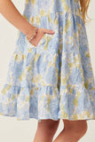 GY5966 BLUE MIX Girls Front Tie Textured Floral Tiered Tank Dress Detail
