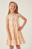 GY5966 PINK PINK Girls Front Tie Textured Floral Tiered Tank Dress Front