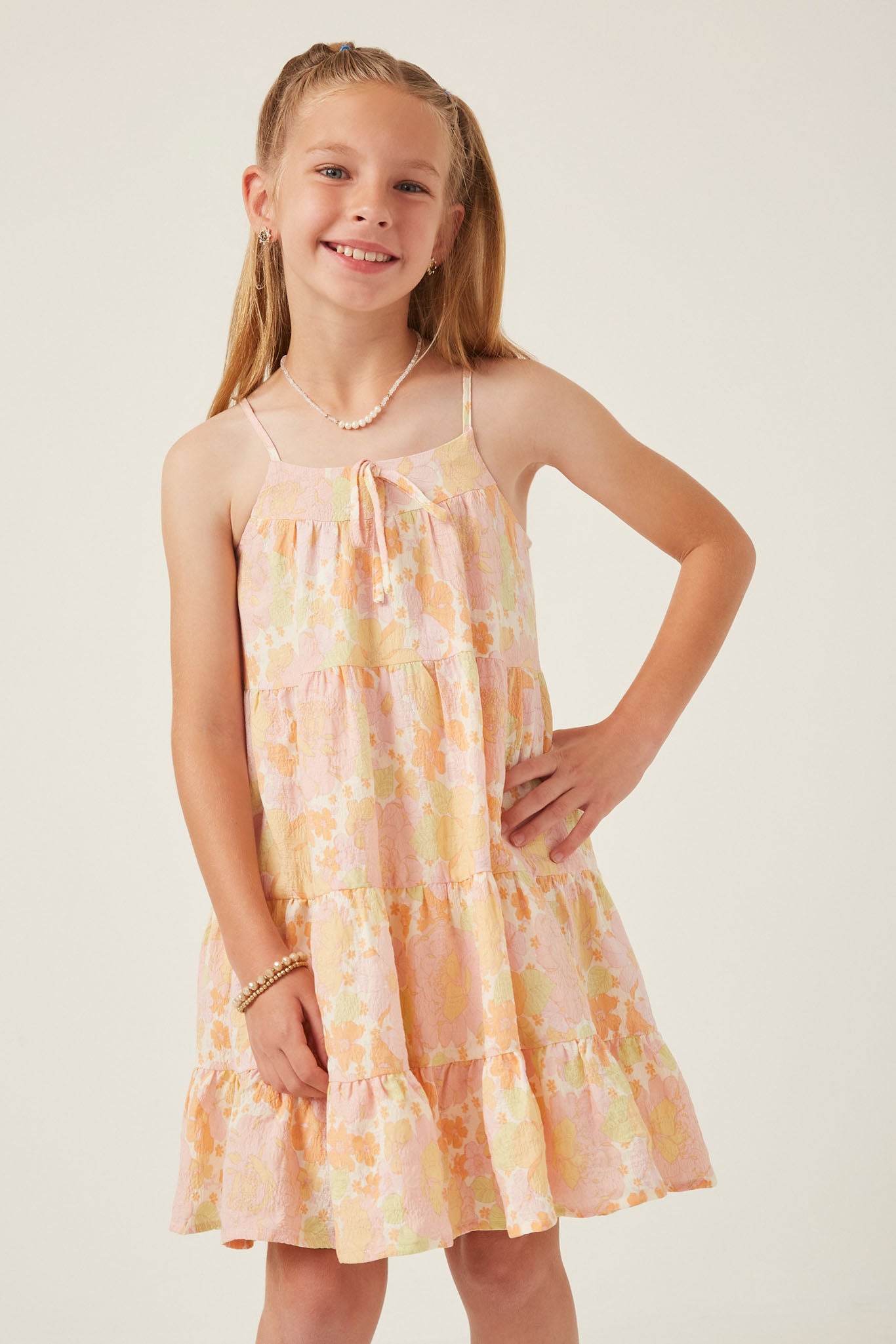 GY5966 PINK PINK Girls Front Tie Textured Floral Tiered Tank Dress Front
