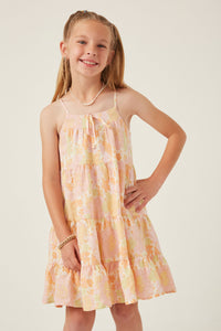 GY5966 PINK PINK Girls Front Tie Textured Floral Tiered Tank Dress Front