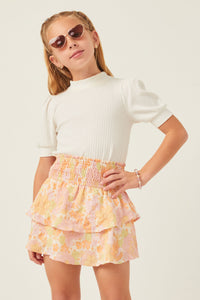 GY5967 PNK MIX Girls Textured Floral Smocked Waist Layered Skirt Front