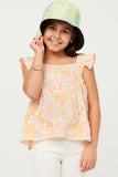 GY5970 Pink Mix Girls Textured Floral Button Back Ruffle Tank Pose