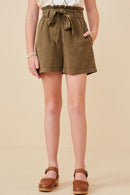 GY5973 OLIVE Girls Garment Dyed Tencel Paperbag Shorts Front
