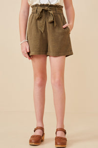 GY5973 OLIVE Girls Garment Dyed Tencel Paperbag Shorts Front