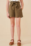 GY5973 OLIVE Girls Garment Dyed Tencel Paperbag Shorts Front