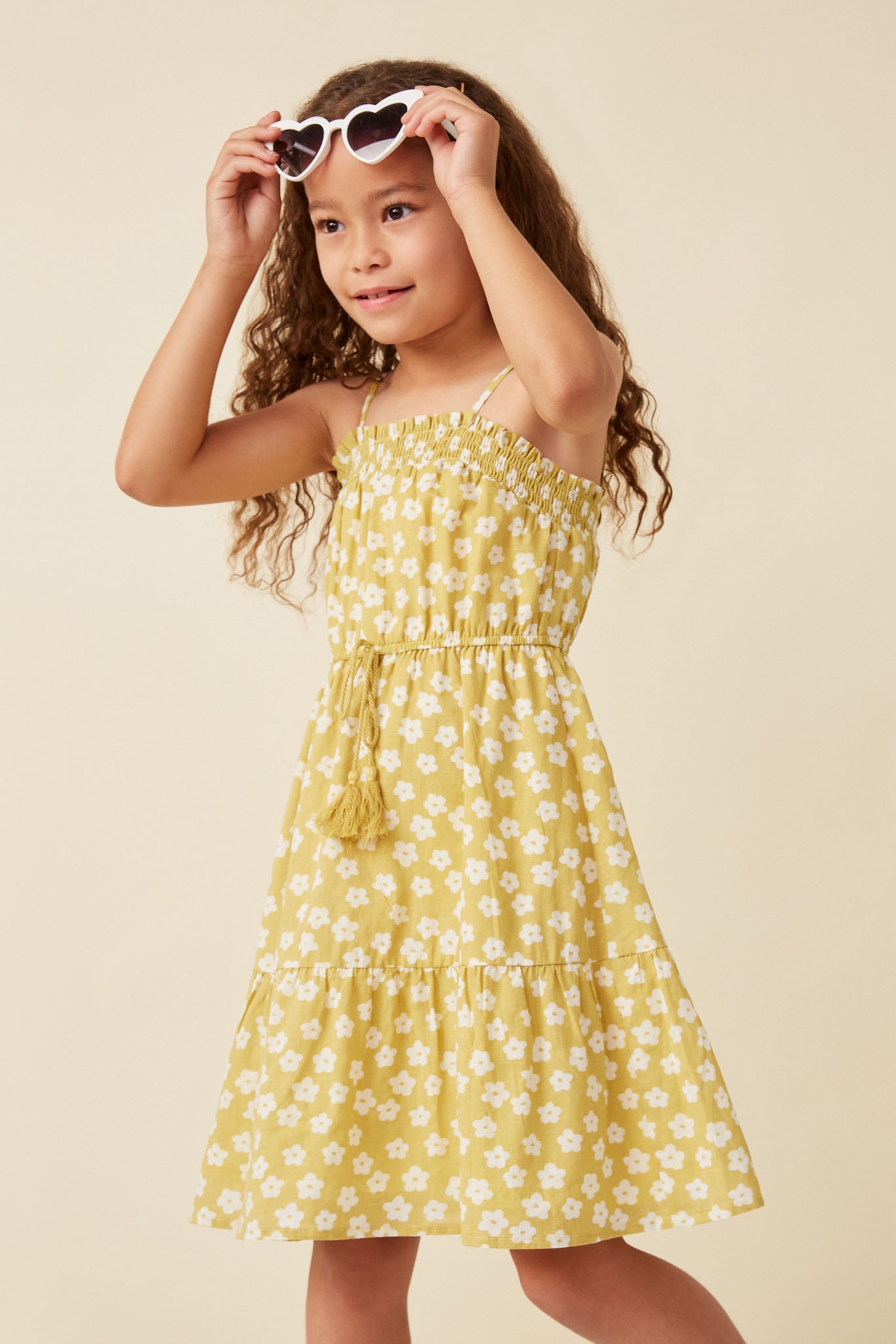 GY5982 HONEY Girls Floral Print Smocked Detail Tie Waist Midi Dress Front