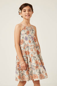GY5984 IVORY Girls Romantic Floral Halter Neck Tiered Midi Dress Side
