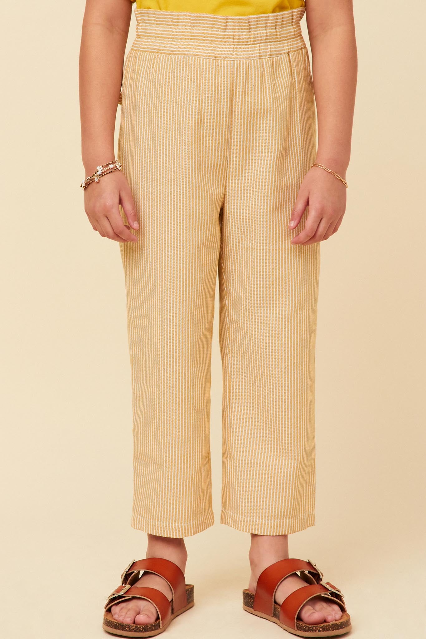 GY5987 MUSTARD Girls Striped Flap Pocket Paperbag Waist Pants Front