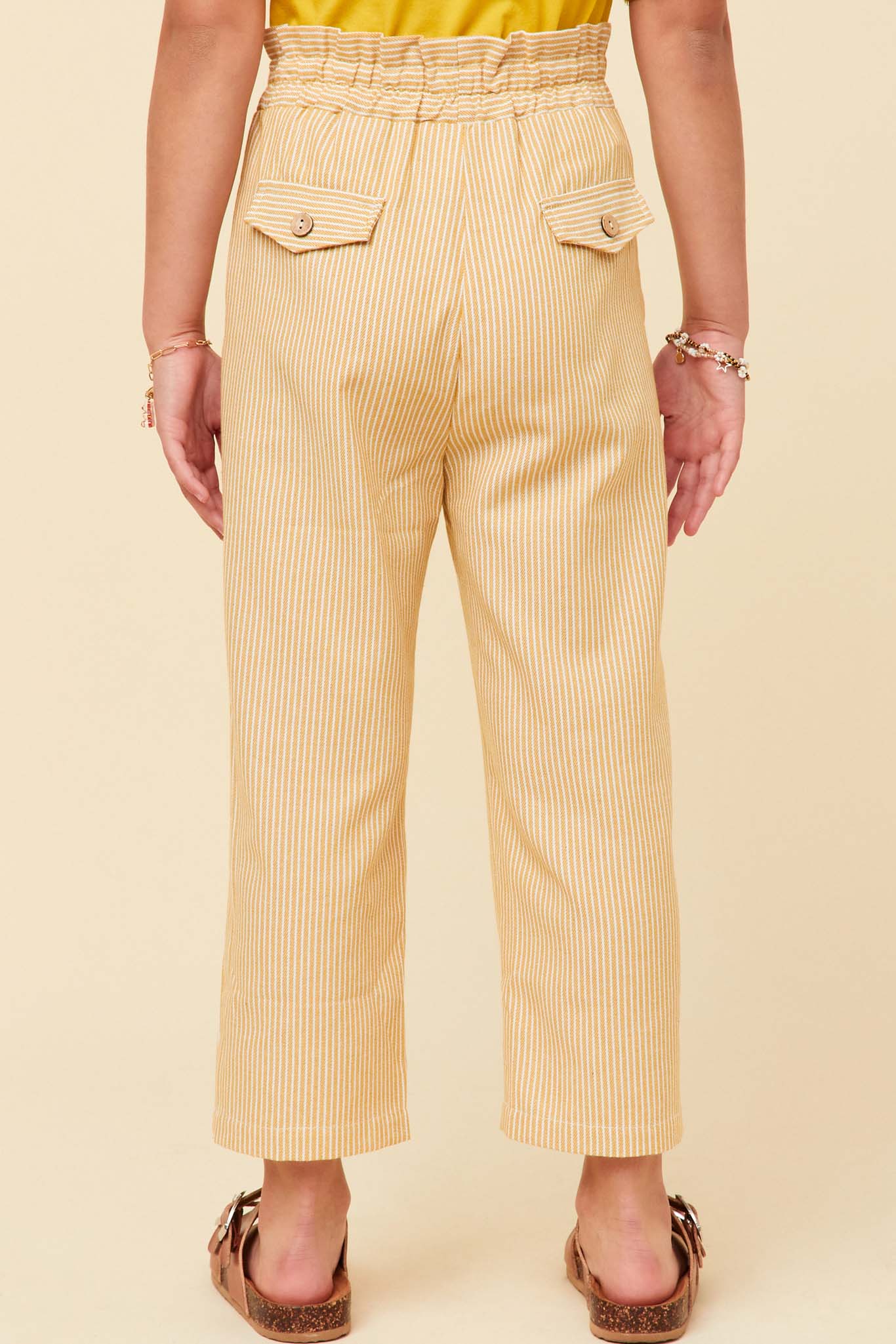 GY5987 MUSTARD Girls Striped Flap Pocket Paperbag Waist Pants Back