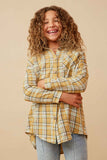 GY5996 Mustard Girls Pocketed Plaid Button Up Shirt Front