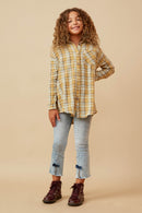 GY5996 Mustard Girls Pocketed Plaid Button Up Shirt Full Body