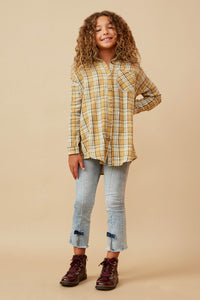 GY5996 Mustard Girls Pocketed Plaid Button Up Shirt Full Body