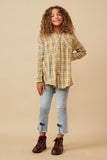 GY5996 Mustard Girls Pocketed Plaid Button Up Shirt Full Body