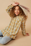 GY5996 Mustard Girls Pocketed Plaid Button Up Shirt Pose