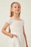 GY6004 IVORY Girls Textured Puff Sleeve Smocked Squareneck Dress Detail