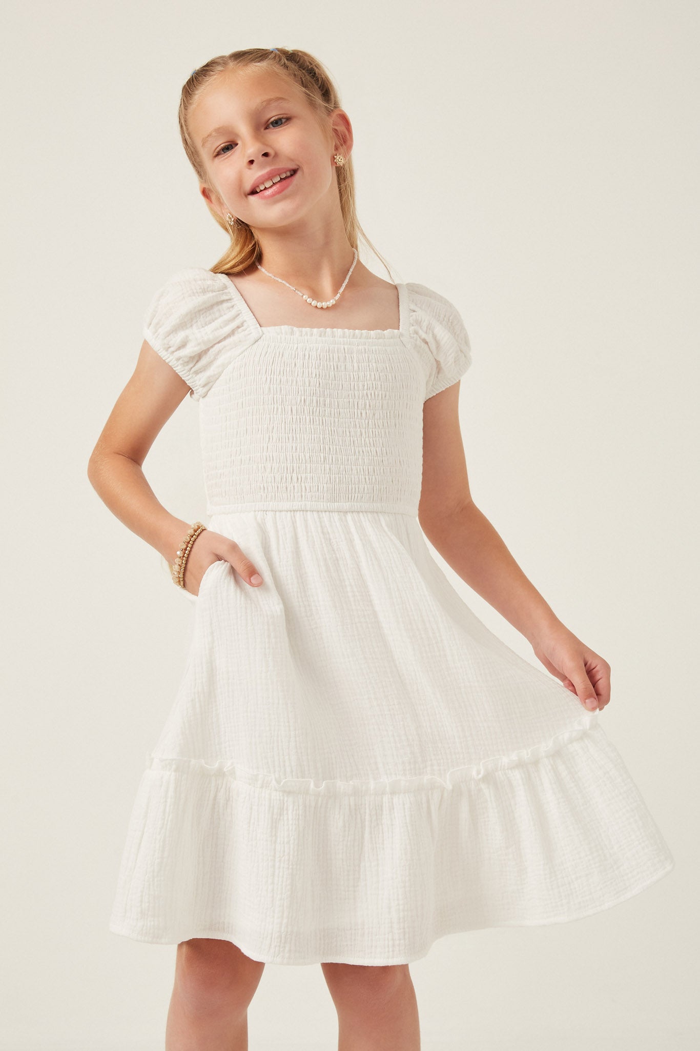 Textured Puff Sleeve Smocked Dress