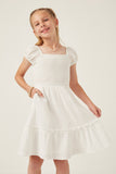 GY6004 IVORY Girls Textured Puff Sleeve Smocked Squareneck Dress Front