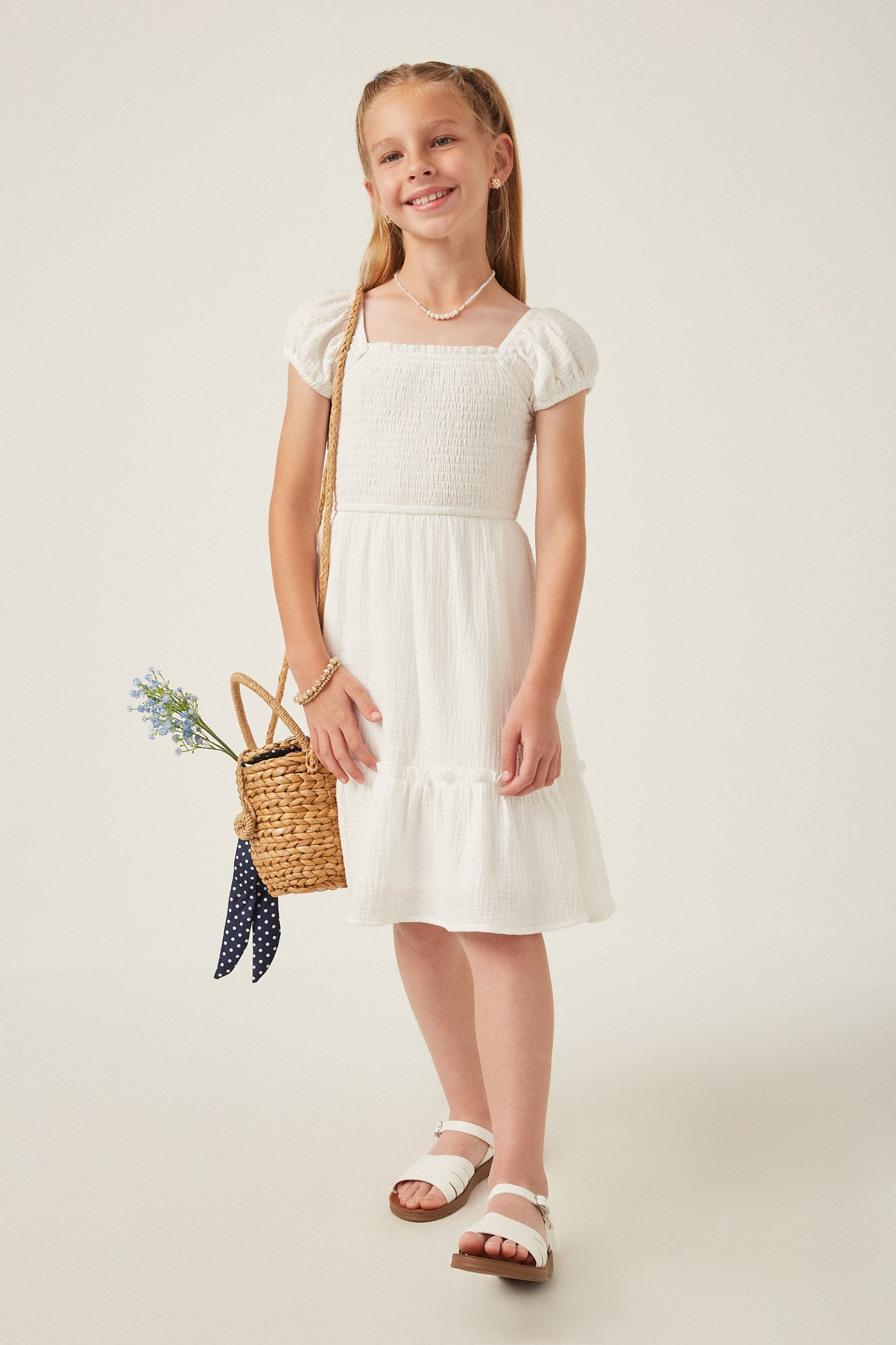 GY6004 IVORY Girls Textured Puff Sleeve Smocked Squareneck Dress Full Body