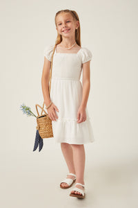 GY6004 IVORY Girls Textured Puff Sleeve Smocked Squareneck Dress Full Body