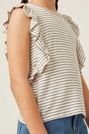 GY6018 OFF WHITE Girls Ribbed Stripe Ruffled Tank Side