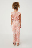 GY6020 Pink Girls Botanical Print Ruffled Wideleg Jumpsuit Back