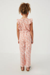 GY6020 Pink Girls Botanical Print Ruffled Wideleg Jumpsuit Back