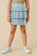 GY6023 BLUE Girls Ditsy Floral Pleated Tiered Skirt Front