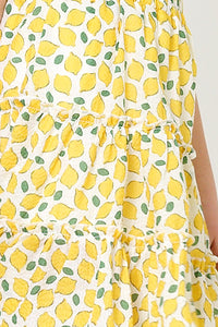 GY6035 LEMON Girls Ruffle Detail Lemon Print Tiered Skirt Detail