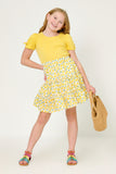 GY6035 LEMON Girls Ruffle Detail Lemon Print Tiered Skirt Pose