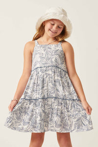 GY6038 BLUE Girls Botanical Print Tiered Tie Shoulder Dress Front