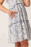 GY6038 BLUE Girls Botanical Print Tiered Tie Shoulder Dress Side