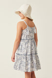 GY6038 BLUE Girls Botanical Print Tiered Tie Shoulder Dress Back