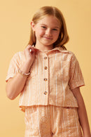 GY6040 Coral Girls Geometric Print Pocketed Short Sleeve Button Up Shirt Front