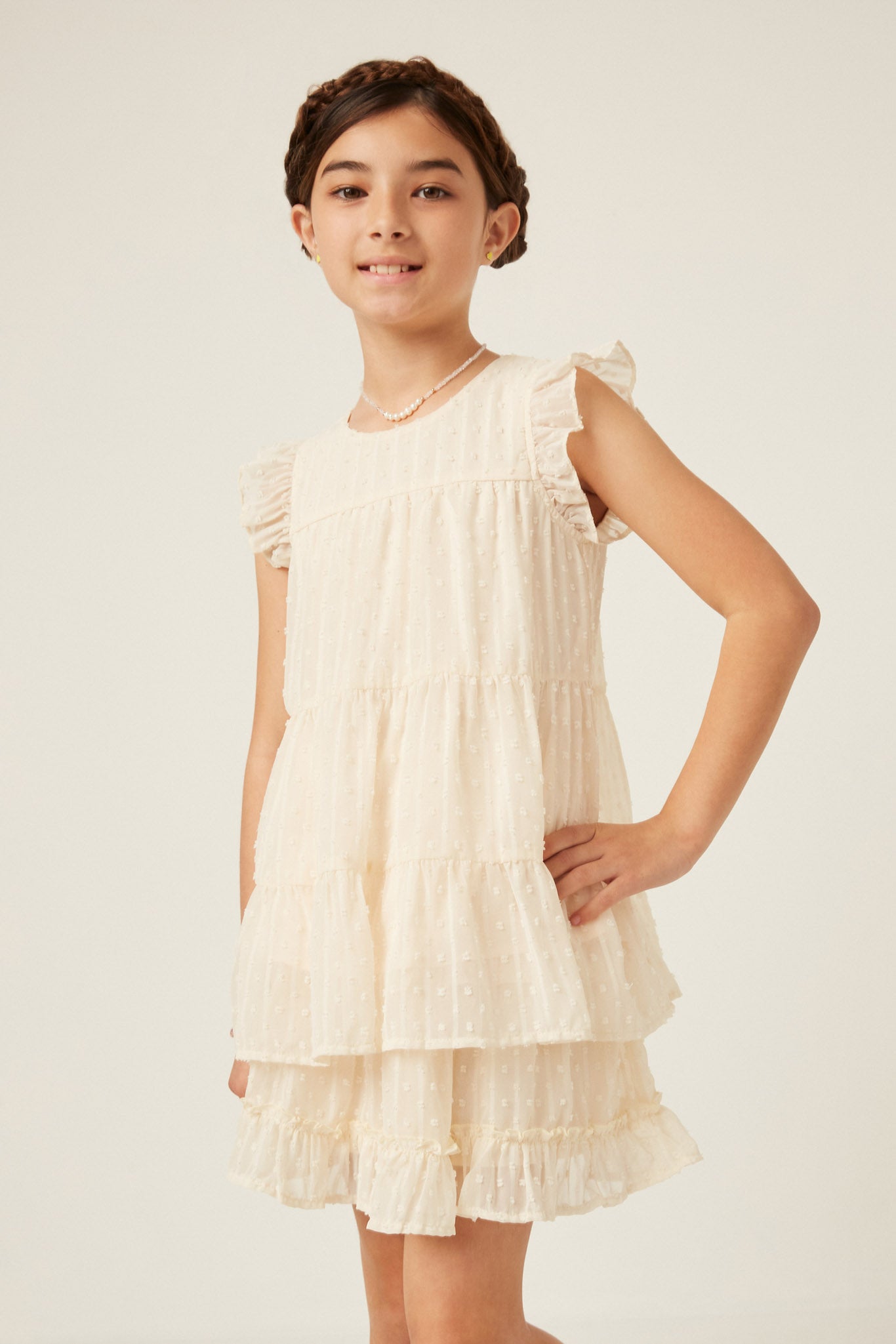 Textured Stripe Swiss Dot Ruffled Tiered Top