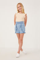 GY6054 LIGHT DENIM Girls Tencel Smocked Waist Ruffled Shorts Full Body