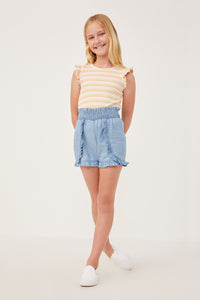 GY6054 LIGHT DENIM Girls Tencel Smocked Waist Ruffled Shorts Full Body