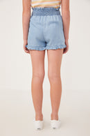 GY6054 LIGHT DENIM Girls Tencel Smocked Waist Ruffled Shorts Back