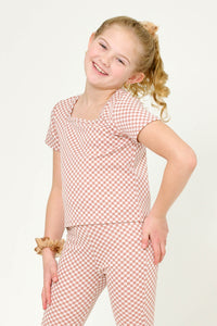 GY6058 MAUVE Girls Square Neck Checkered Knit Top Front
